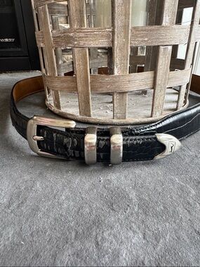 Men's Black Croc-Embossed Leather Belt with Silver Buckle